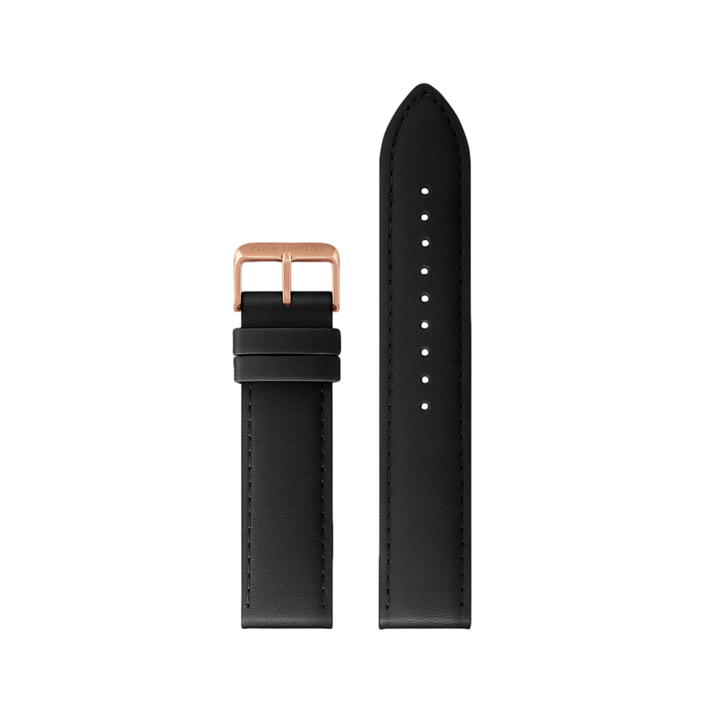 18mm Straight Stitched Leather Strap - Black