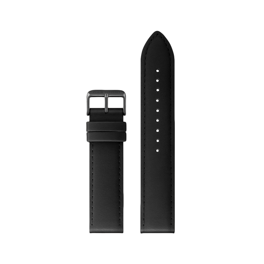 18mm Straight Stitched Leather Strap - Black