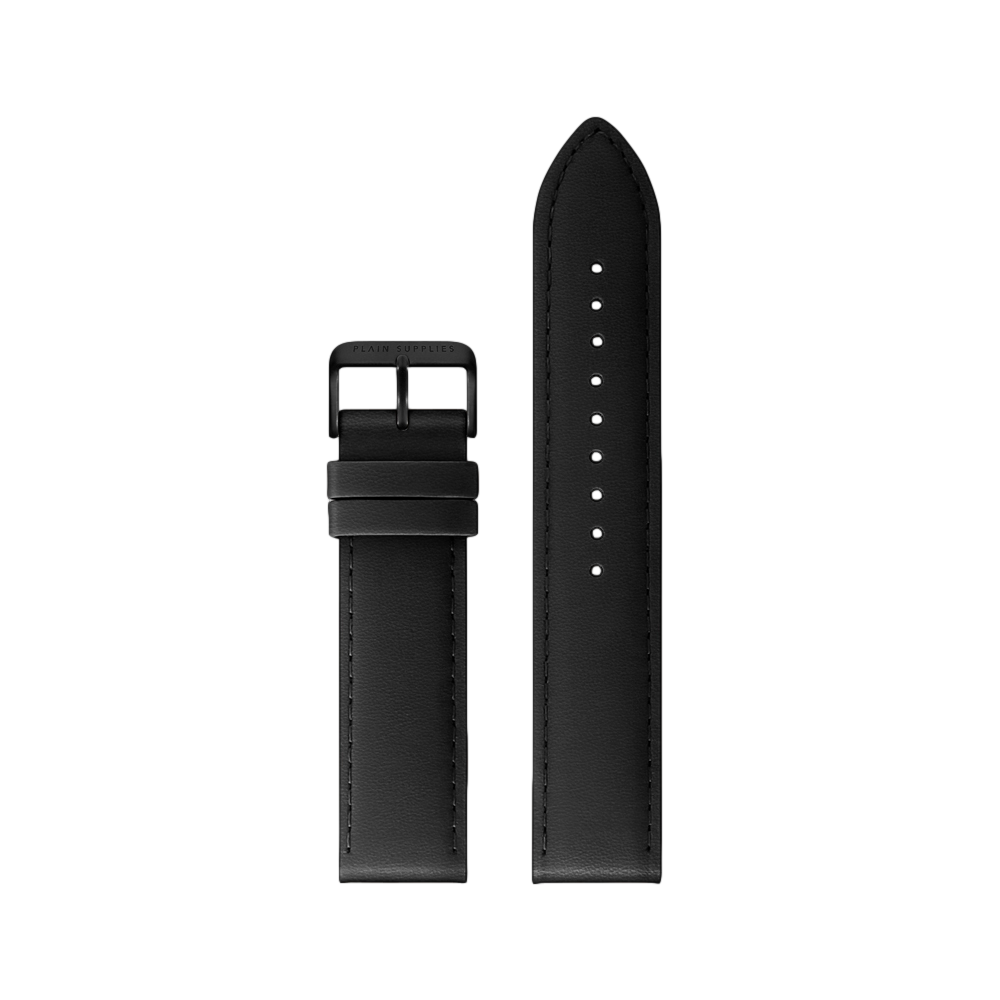 18mm Straight Stitched Leather Strap - Black