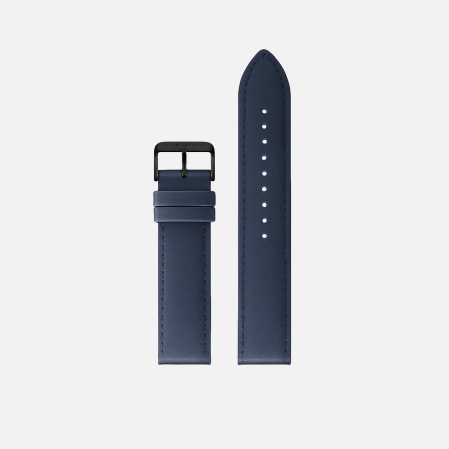 18mm Straight Stitched Leather Strap - Navy